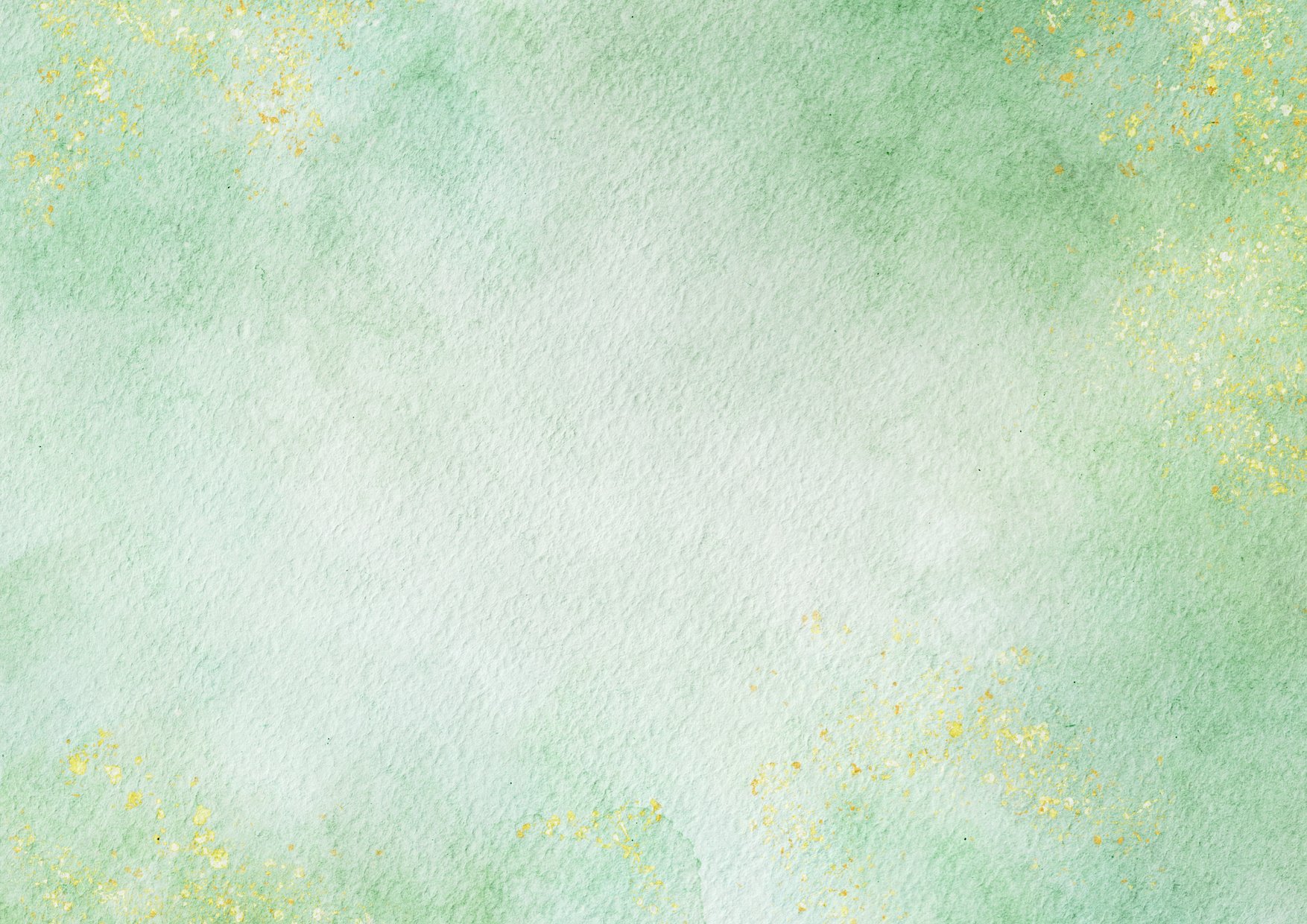 Abstract green pastel watercolor stains background with gold glitter